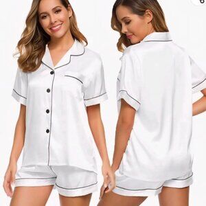 SWOMOG Silky Satin Pajama Set 3XL White with Black Piping Short Set NWT